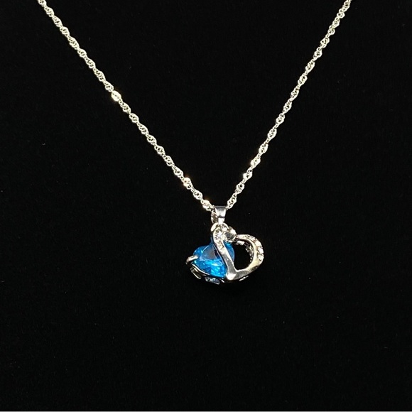 Blue & CZ Double Hearts Necklace on Chain - Picture 4 of 7